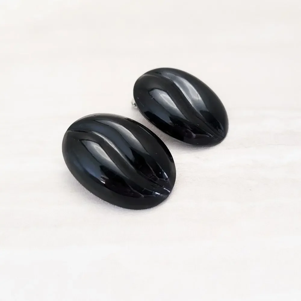 Vintage Clip On Earrings Stylish Black Large Oval - 1 & 3/8